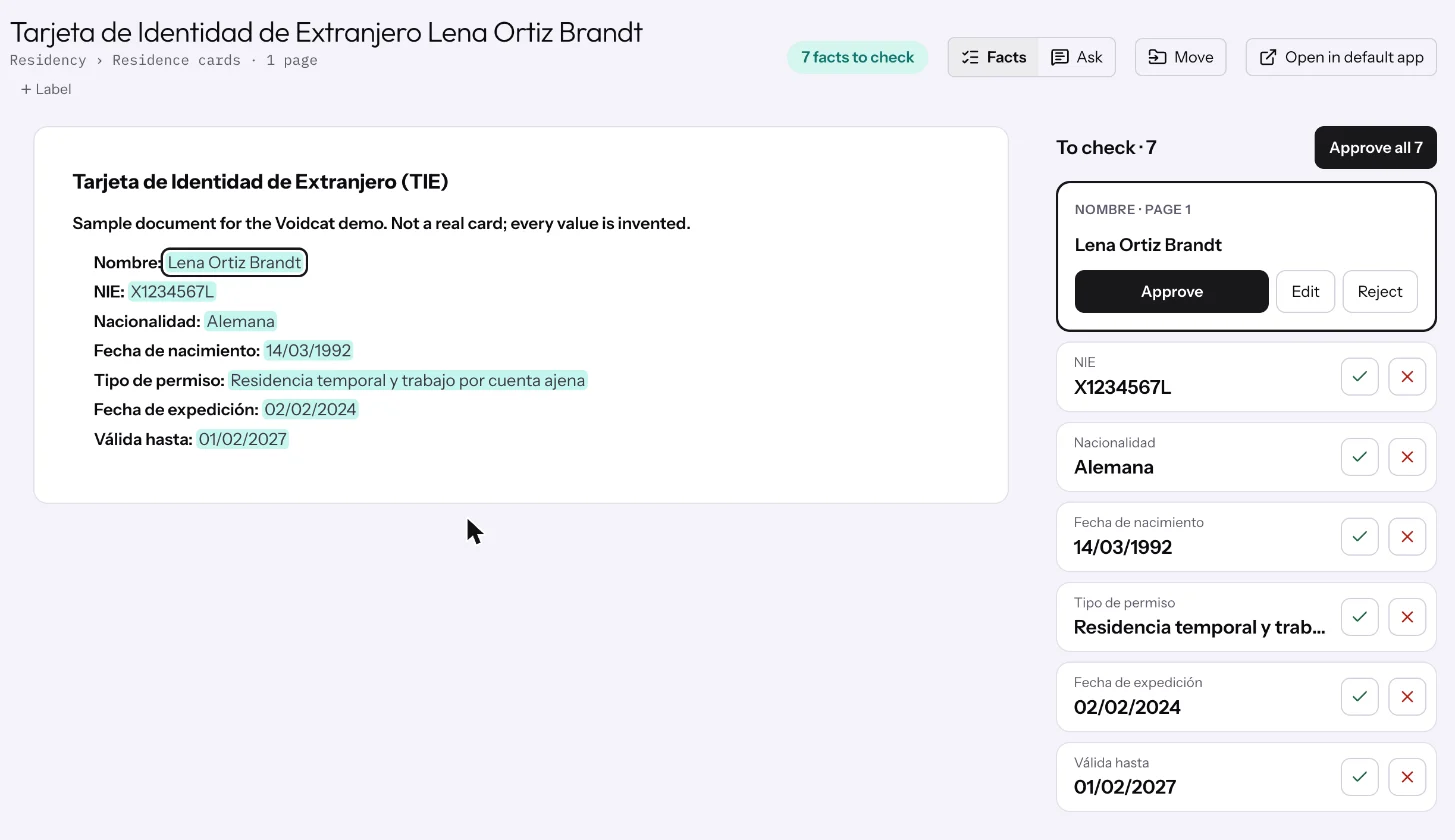 A demo residence card with each value highlighted on the page, next to a review list with Approve, Edit and Reject.