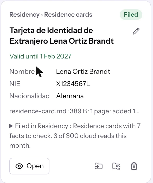 The demo residence card filed in the cloud: valid until 1 February 2027, name, NIE and nationality, filed in Residency, Residence cards.